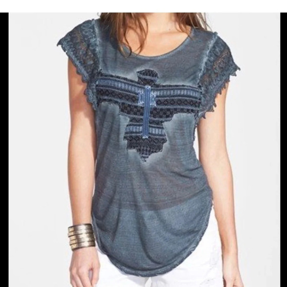 Free People Tops - Free People embroidered phoenix lace sleeves Top